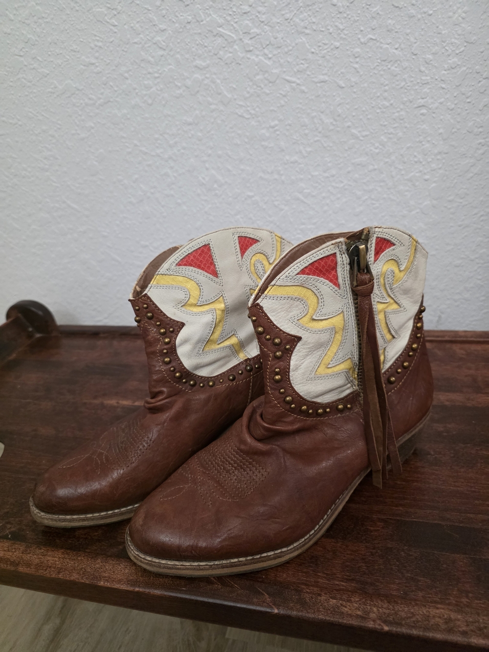 Western Leather Ankle Boots with Embroidered White, Yellow & Red Shaft